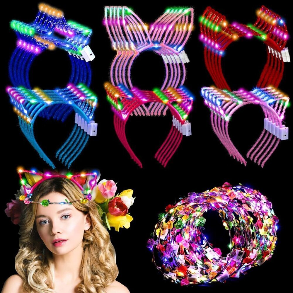 50 Pcs LED Cat Ear Headbands Bulk Glow Crown Rabbit Ears for Party